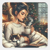 Gemütliche Szene | Frauen trinken Kakao mit Katze Quadratischer Aufkleber (Vorderseite)