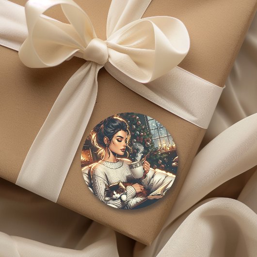 Gemütliche Szene | Frauen trinken Kakao mit Katze Runder Aufkleber