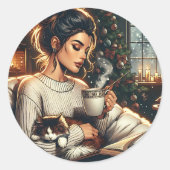 Gemütliche Szene | Frauen trinken Kakao mit Katze Runder Aufkleber (Vorderseite)