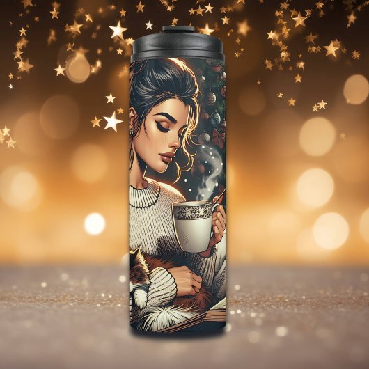 Gemütliche Szene | Frauen trinken Kakao mit Katze Thermosbecher