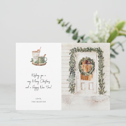 Gemütliche Urlaubstür, Hot Drink Holiday Card (Stehend Vorderseite)