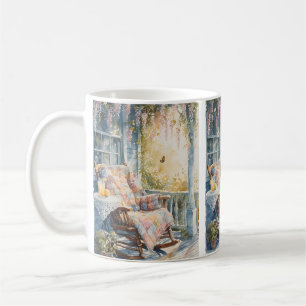 Gemütliche Veranda mit Quilt und Zitronenlimonaden Kaffeetasse