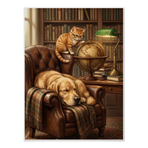 Gemütliche Vintage-Bibliothek Hund und Katze Arbei Poster