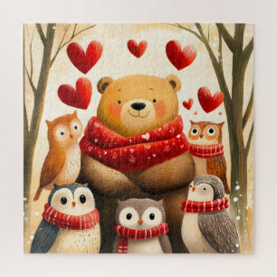 Gemütliche Wald-Bär-Eule-Familie Winterliebe Puzzle