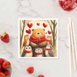 Gemütliche Wald-Bär-Eule-Familie Winterliebe Serviette