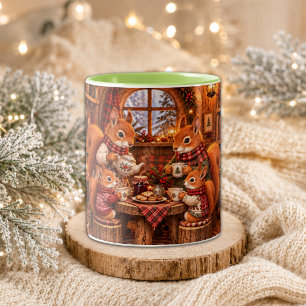 Gemütliche Wald-Eichhörnchen-Teeparty-Illustration Zweifarbige Tasse