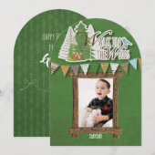 Gemütliche Wald-Weihnachtskarte Grüner Chevron Feiertagskarte (Vorne/Hinten)