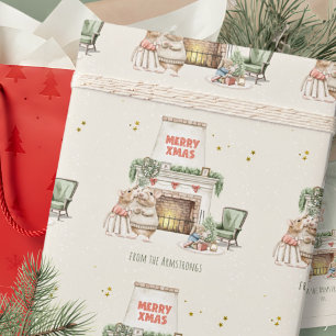 Gemütliche Wasserfarbe-Mäuse im Vintage-Weihnachts Geschenkpapier
