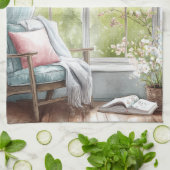 Gemütliche Wasserfarben-Leseecke-Fenster Frühlings Geschirrtuch (Gefaltet)