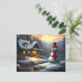 Gemütliche Weihnachts-Hütte & Snowman | Vintager W Einladungspostkarte (Stehend Vorderseite)