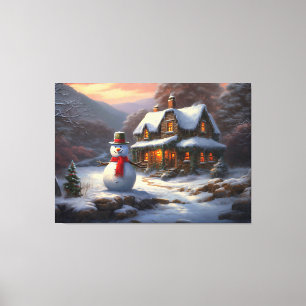 Gemütliche Weihnachts-Hütte & Snowman   Vintager W Leinwanddruck