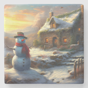 Gemütliche Weihnachts-Hütte & Snowman Vintager W Steinuntersetzer