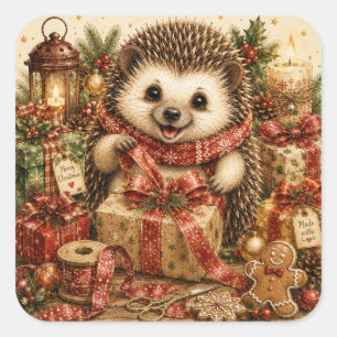 Gemütliche Weihnachts-Illustration eines Igels Quadratischer Aufkleber