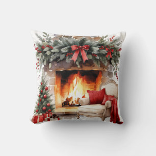 Gemütliche Weihnachts-Kamin-Wasserfarben-Kunst Kissen