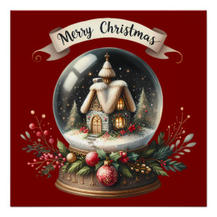 Gemütliche Weihnachts-Schneekugel-Hüttenszene Poster