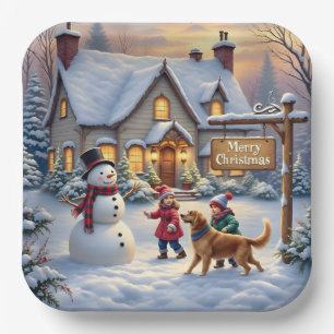 Gemütliche Weihnachts-Schneeszene-Kunst Pappteller