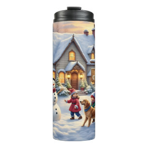 Gemütliche Weihnachts-Schneeszene-Kunst Thermosbecher