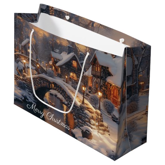 Gemütliche Weihnachtsdörfer Winterlandschaft Große Geschenktüte (Vorderseite Schrägansicht)