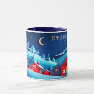 Gemütliche Weihnachtsdörfsszene. Bearbeitbarer Nam Tasse
