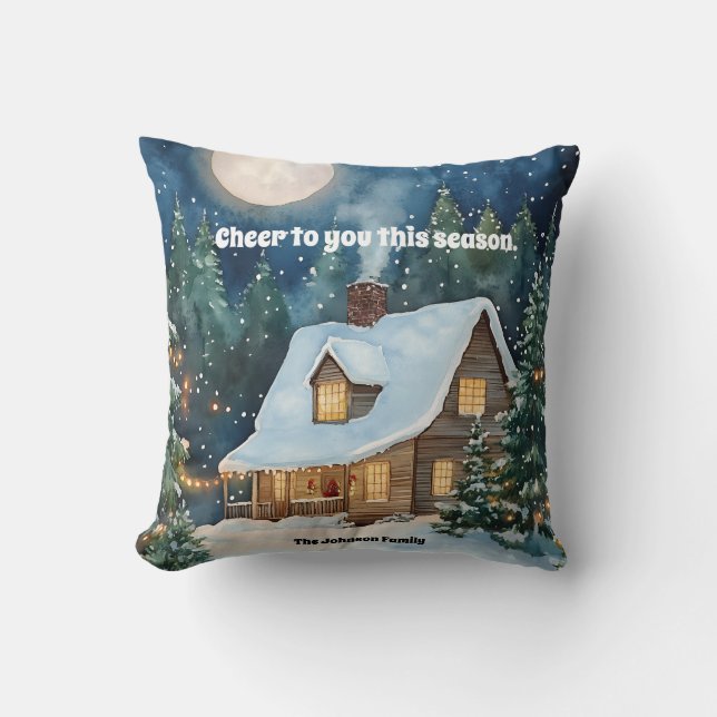 Gemütliche Weihnachtsfeier Hütte mit Schnee bedeck Kissen (Vorderseite)