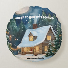 Gemütliche Weihnachtsfeier Hütte mit Schnee bedeck Rundes Kissen