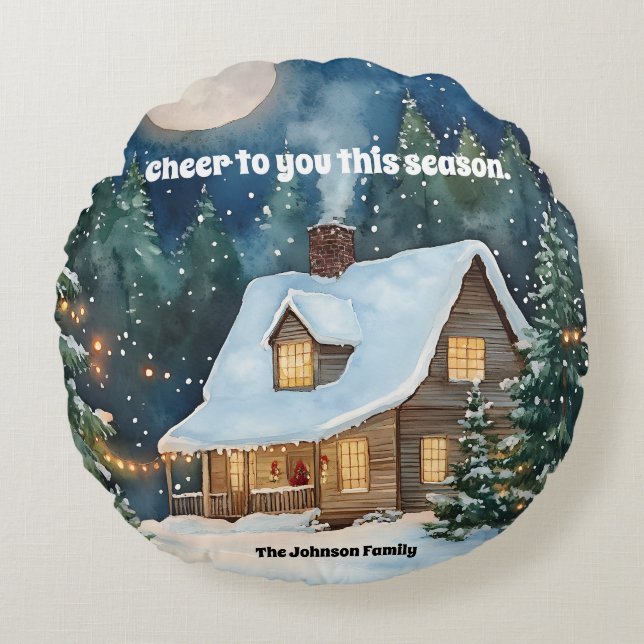 Gemütliche Weihnachtsfeier Hütte mit Schnee bedeck Rundes Kissen (Vorderseite)