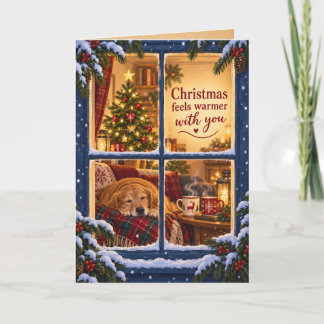 Gemütliche Weihnachtsfenster-Hund-und-Baum-Karte Karte