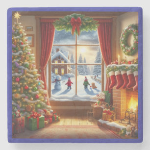 Gemütliche Weihnachtsfensterszene Steinuntersetzer