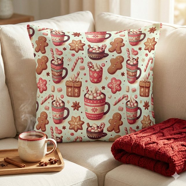 Gemütliche Weihnachtskakao- und Lebkuchenmuster Kissen (Cozy Christmas Cocoa and Gingerbread Pattern Throw Pillow Mockup A.)