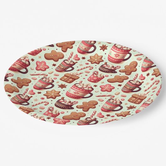 Gemütliche Weihnachtskakao- und Lebkuchenmuster Pappteller (Schrägansicht)