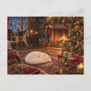 Gemütliche Weihnachtskatze schläft am Kamin Postkarte