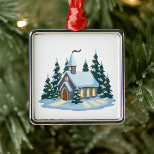 Gemütliche Weihnachtskirche im Winter Verschneit Ornament Aus Metall