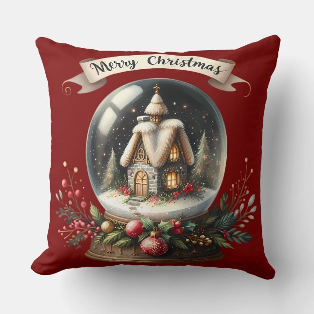 Gemütliche Weihnachtsschneeglobe-Hütte-Szene Kissen (Vorderseite)