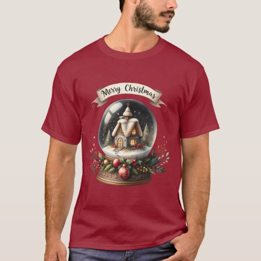 Gemütliche Weihnachtsschneeglobe-Hütte-Szene T-Shirt (Vorderseite)
