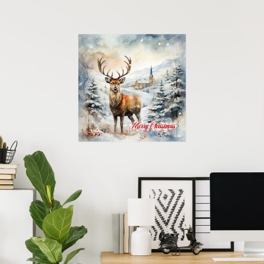 Gemütliche Weihnachtsszene mit Rentieren Poster (Heimbüro)