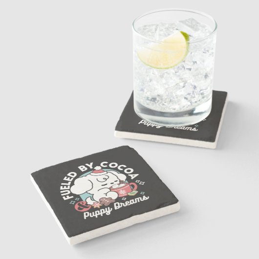 Gemütliche Welpenträume - heiße Schokolade und Wei Steinuntersetzer (Seitenansicht)