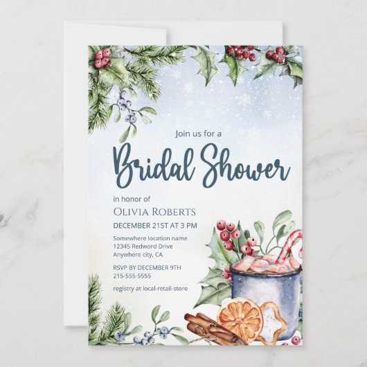 Gemütliche Winter Hot Cocoa Schneedecke Brautparty Einladung (Vorderseite)