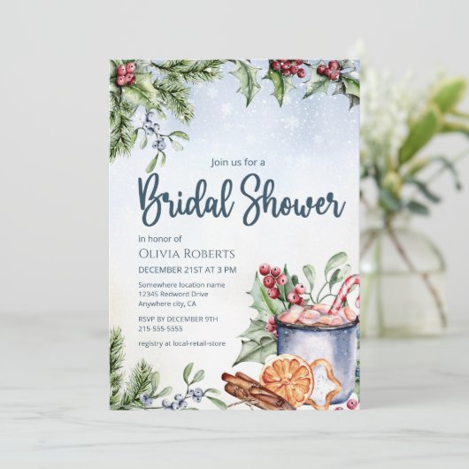 Gemütliche Winter Hot Cocoa Schneedecke Brautparty Einladung (Stehend Vorderseite)