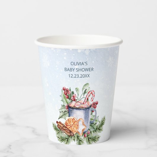 Gemütliche Winter Hot Cocoa Snowly Babydusche Pappbecher (Rückseite)