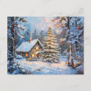 Gemütliche Winter-Hütte mit Weihnachtsbaum Postkarte
