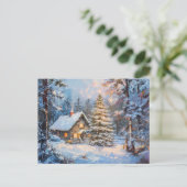 Gemütliche Winter-Hütte mit Weihnachtsbaum Postkarte (Stehend Vorderseite)