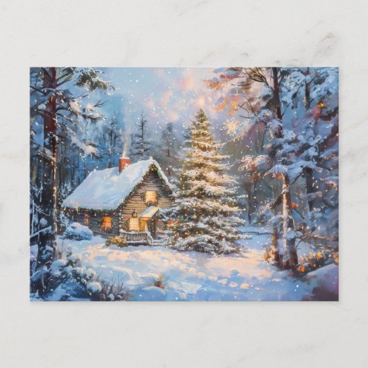 Gemütliche Winter-Hütte mit Weihnachtsbaum Postkarte (Vorderseite)