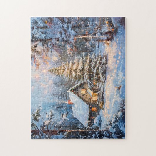 Gemütliche Winter-Hütte mit Weihnachtsbaum Puzzle (Vertikal)
