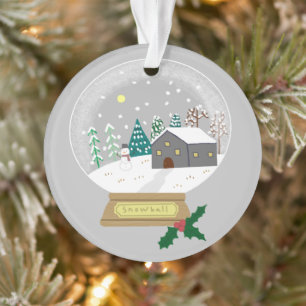 Gemütliche Winter-Schneekugel und Schneemann als W Ornament