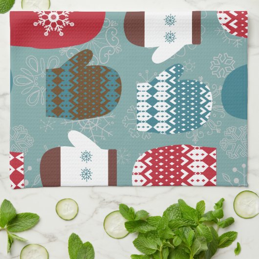 Gemütliche Winter Weihnachten Mittens Blue Geschirrtuch (Gefaltet)