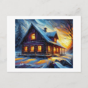 Gemütliche Winterhütte bei Sonnenuntergang, Postkarte