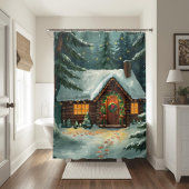 Gemütliche Winterhütte im Weihnachtswald Duschvorhang