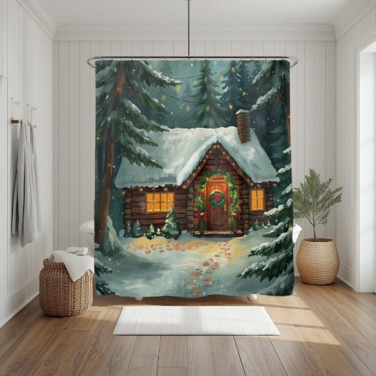Gemütliche Winterhütte im Weihnachtswald Duschvorhang