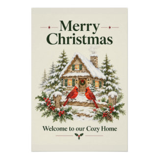 Gemütliche Winterhütte Rote Kardinäle Festive Feie Poster