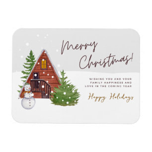 Gemütliche Winterhütte & Schneemann Wasserfarben Magnet